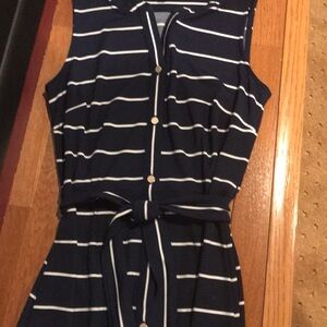 Talbots navy/white stripe dress. Beautiful silhouette with tie belt.